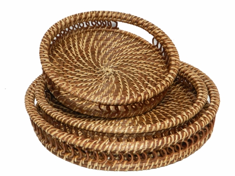 3pc round rattan serving tray with pattern